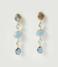 Mixed gemstone strand earrings with blue iolite, blue topaz, labradorite, and 18K gold plating