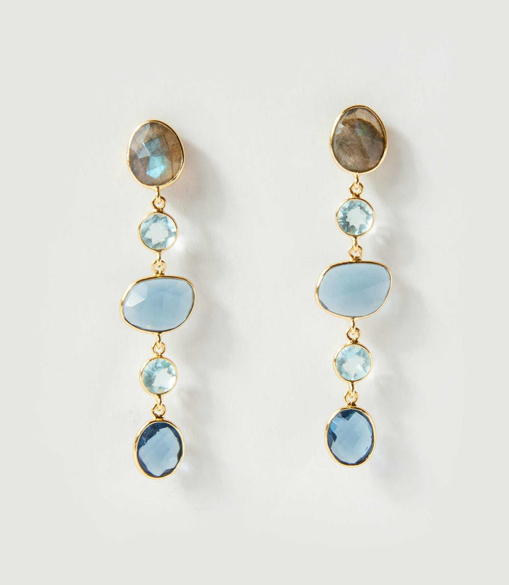 Mixed gemstone strand earrings with blue iolite, blue topaz, labradorite, and 18K gold plating