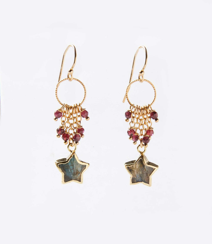 Gold filled star dangle earrings with labradorite stones and red bead accents
