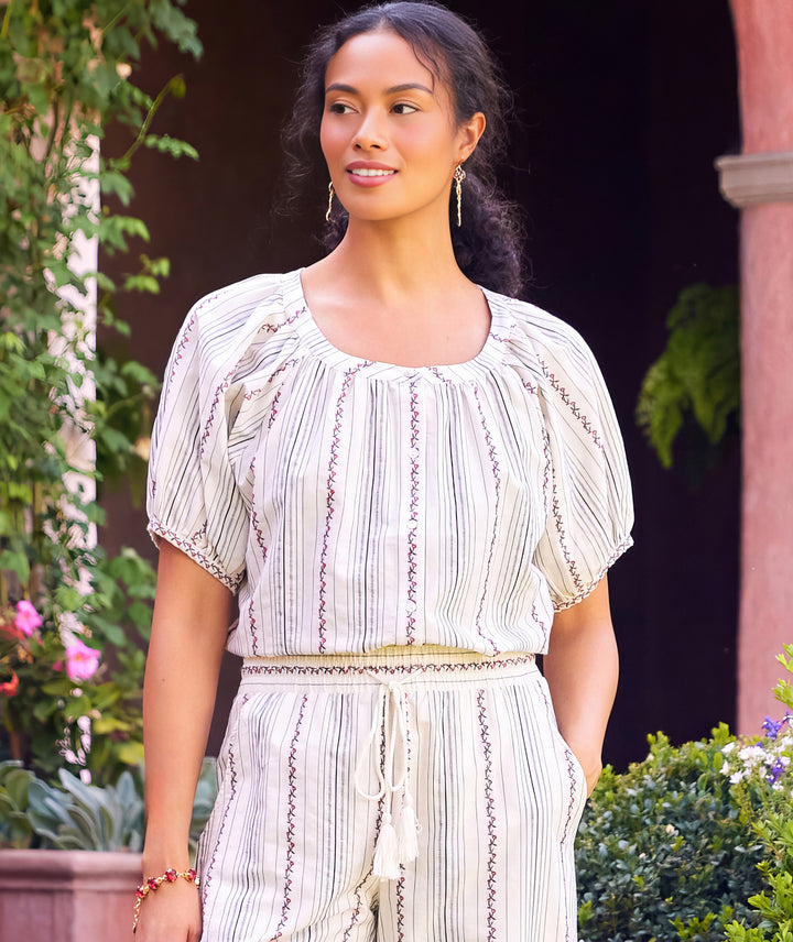 Stripe Puff Sleeve Embroidered Peasant Top