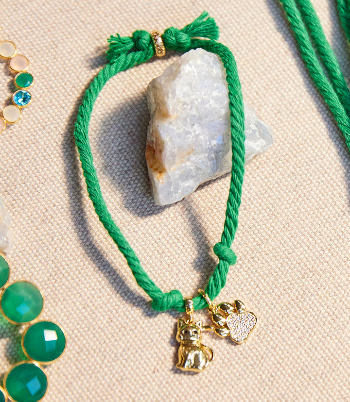 Pavé Cat And Paw Cord Bracelet