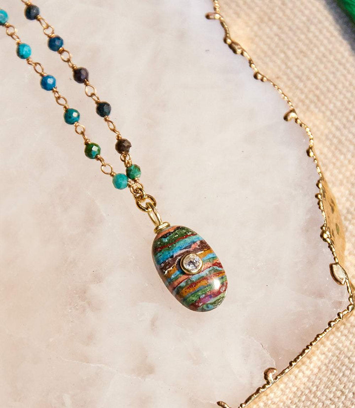 Beaded Amulet Necklace with multi-colored rainbow calsilica pendant and cubic zirconia on gold vermeil chain