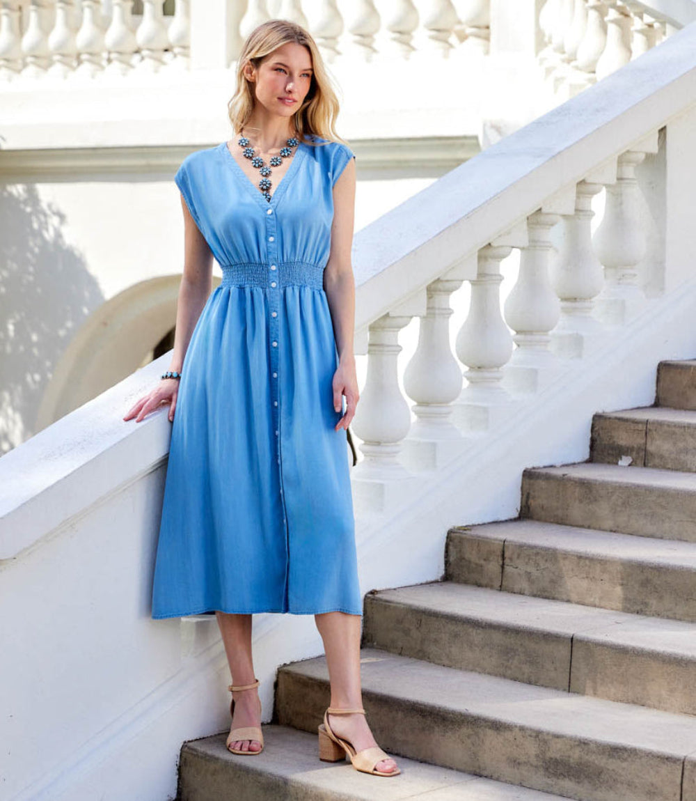 Karen Kane Women's Petite Size Cap Sleeve Smocked Waist Button-Up Midi Dress, MP, MP, Chambray, 100% Tencel Karen Kane Women's Petite Size Cap Sleeve Smocked Waist Button-Up Midi Dress, MP, MP, Chambray, 100% Tencel
