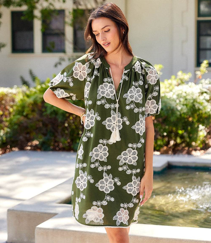 Bohemian puff sleeve tassel dress in breathable cotton with relaxed fit and tie neck