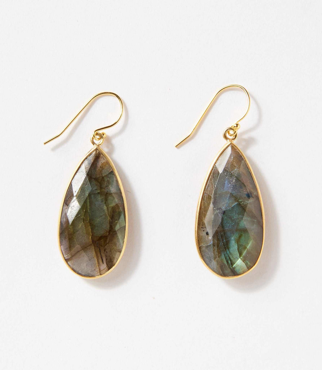 Large natural gemstone teardrop earrings with gold-plated sterling silver settings and drop ear wires