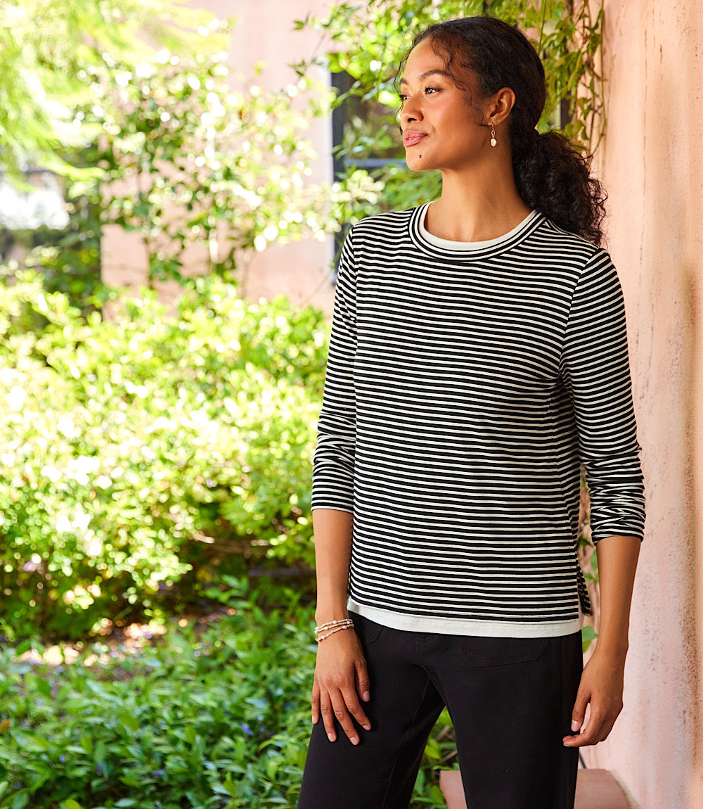 Long Sleeve Stripe Double Layer Side-Slit Top