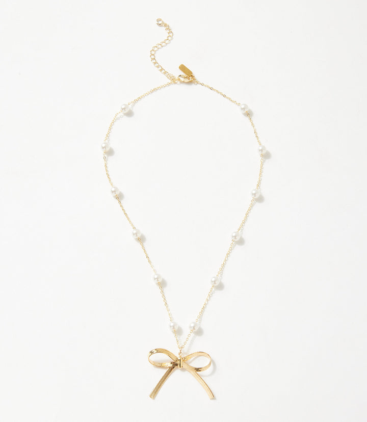 Beaded Pearl Bow Charm Necklace