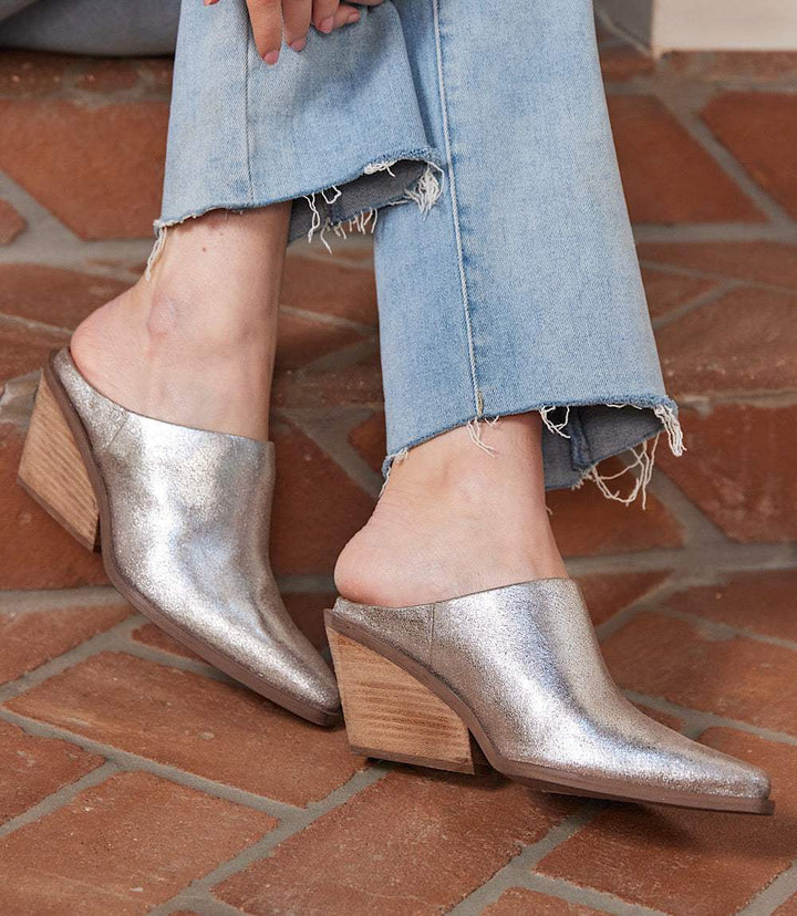 Seychelles Morning Joe pewter suede slip-on mule boots with pointed toe and stacked wooden heel