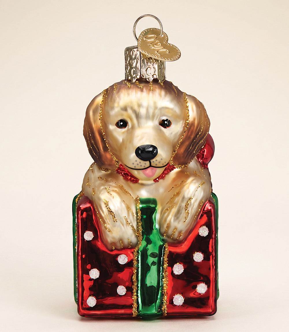 Golden Puppy Surprise Glass Ornament