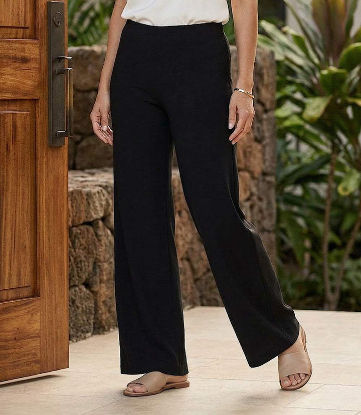 Crepe Wide Leg Pants in full-length heavy polyester crepe with elastic waist and wide legs for versatile wear
