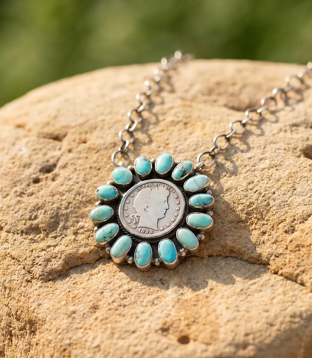 Turquoise Half Dollar Coin Pendant Necklace