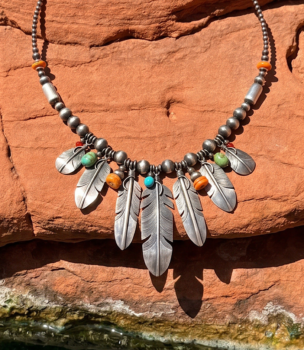 Multi Stone Feather Beaded Turquoise Necklace