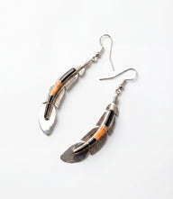Onyx Spiny Oyster Inlay Silver Feather Earrings