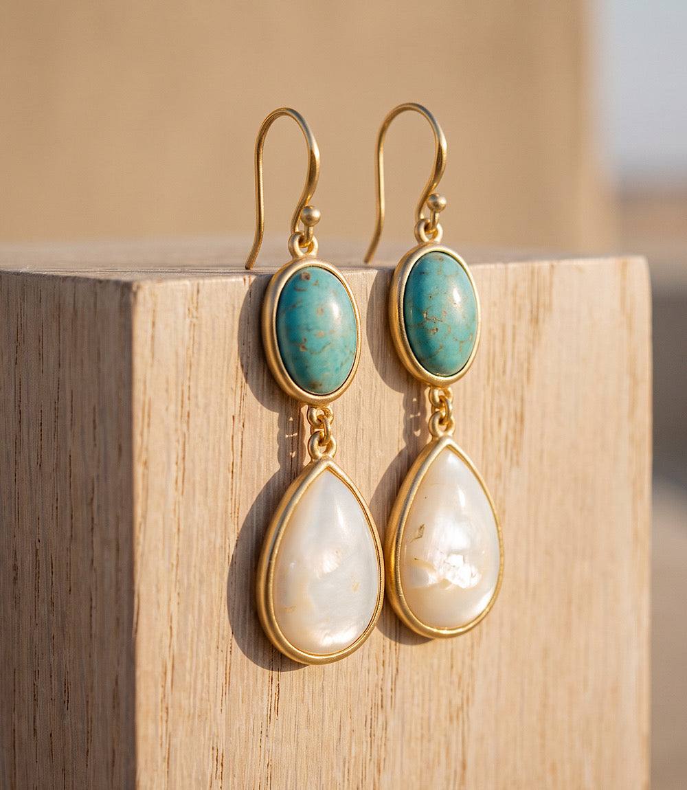 Turquoise and pearl teardrop earrings with matte gold plating and delicate design