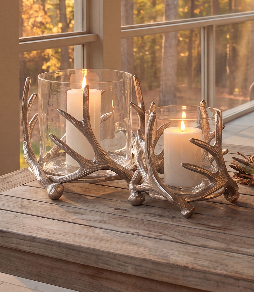 Large Silver Antler Hurricane Candleholder
