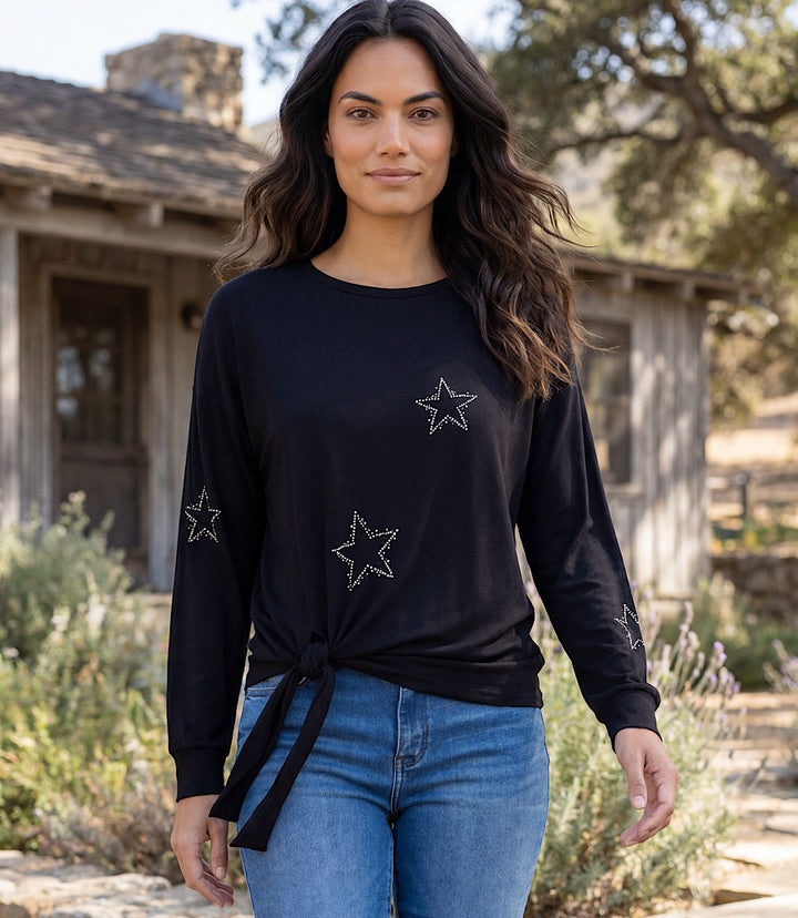Long Sleeve Embellished Star Tie-Top