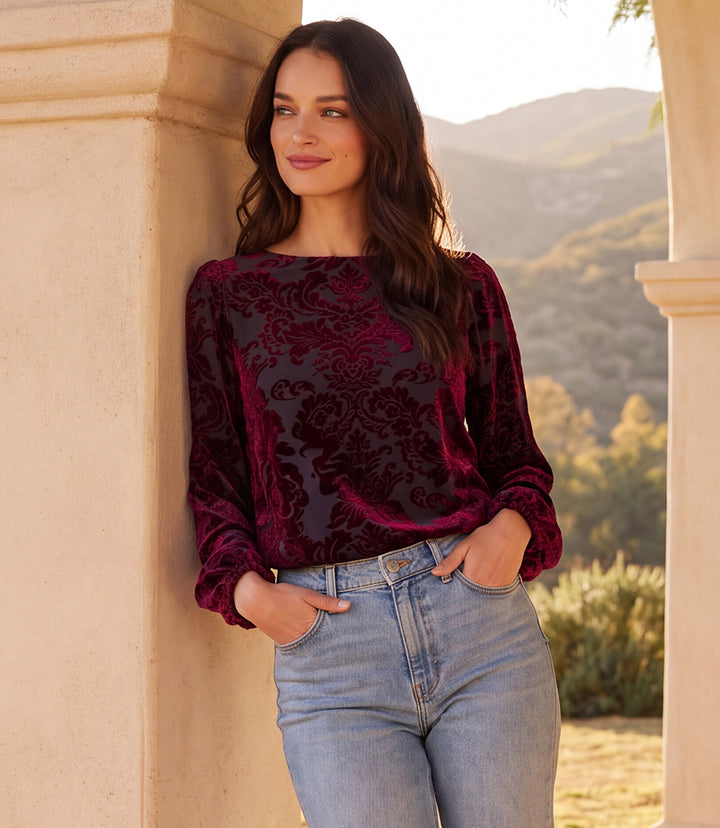 Blouson Sleeve Velvet Burnout Boatneck Top