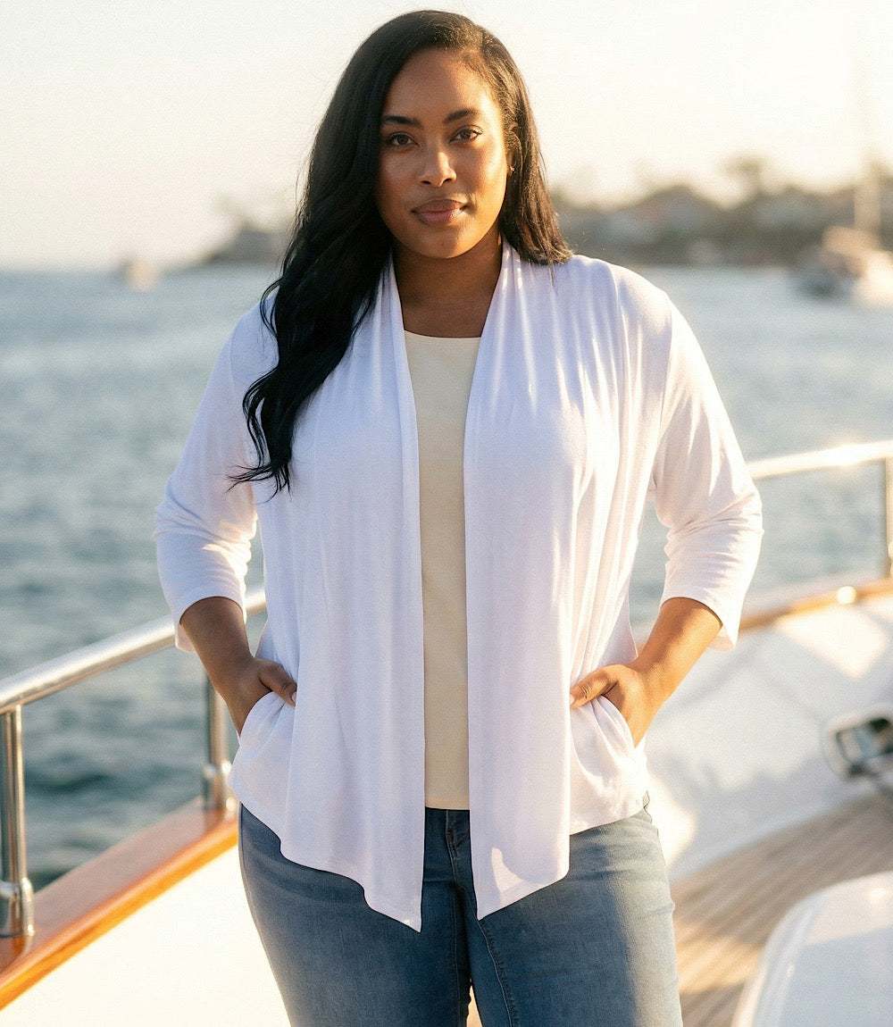 Plus Size Calli Cardigan draped front with 3/4 sleeves and hi-low hemline in rayon spandex jersey