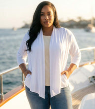 Plus Size Calli Cardigan draped front with 3/4 sleeves and hi-low hemline in rayon spandex jersey