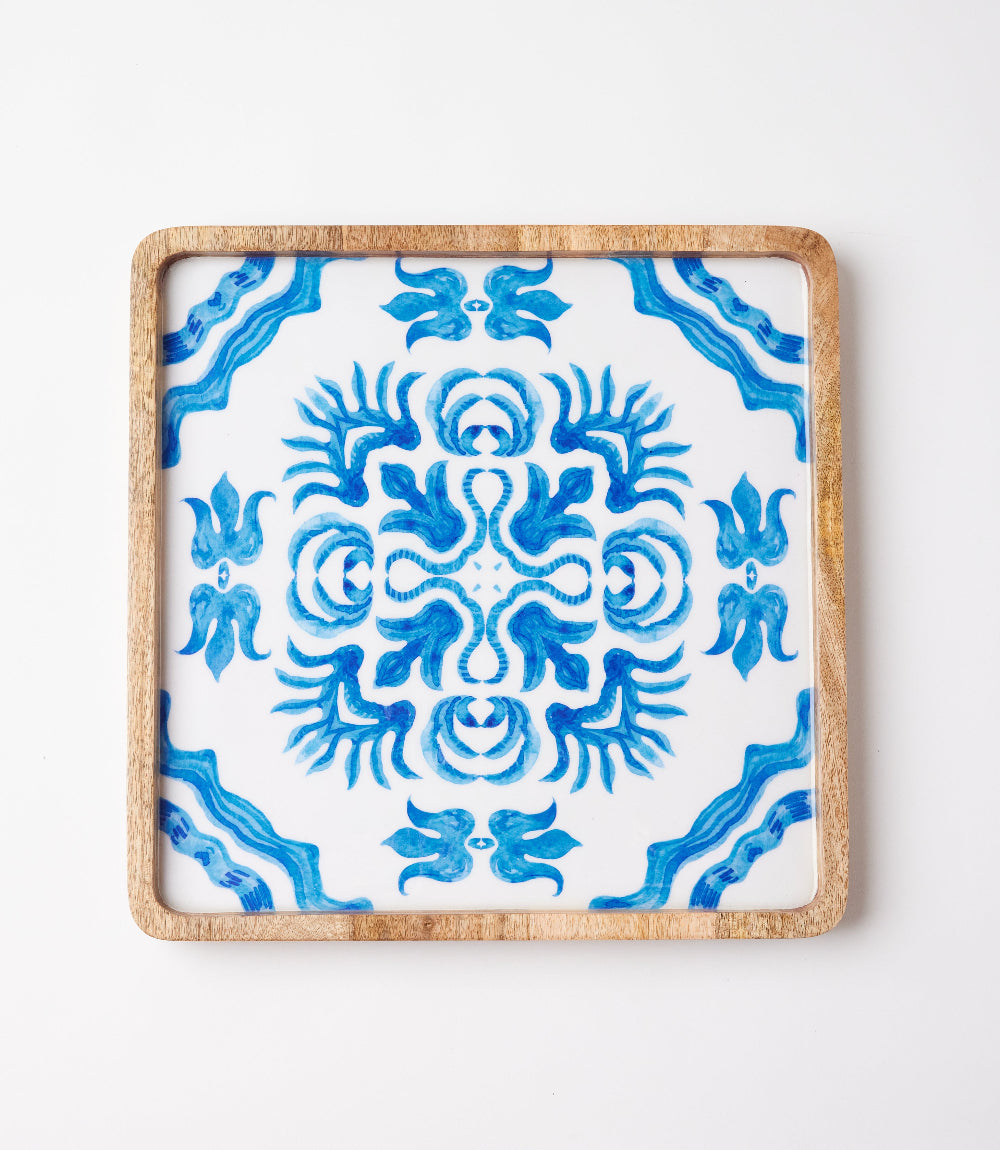 Blue Block Print Serving Trays, Set Of 2