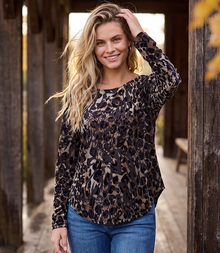Petite Size Long Sleeve Velvet Burnout Shirttail Top