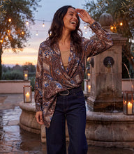 Long Sleeve Contrast Double Layer Wrap Top