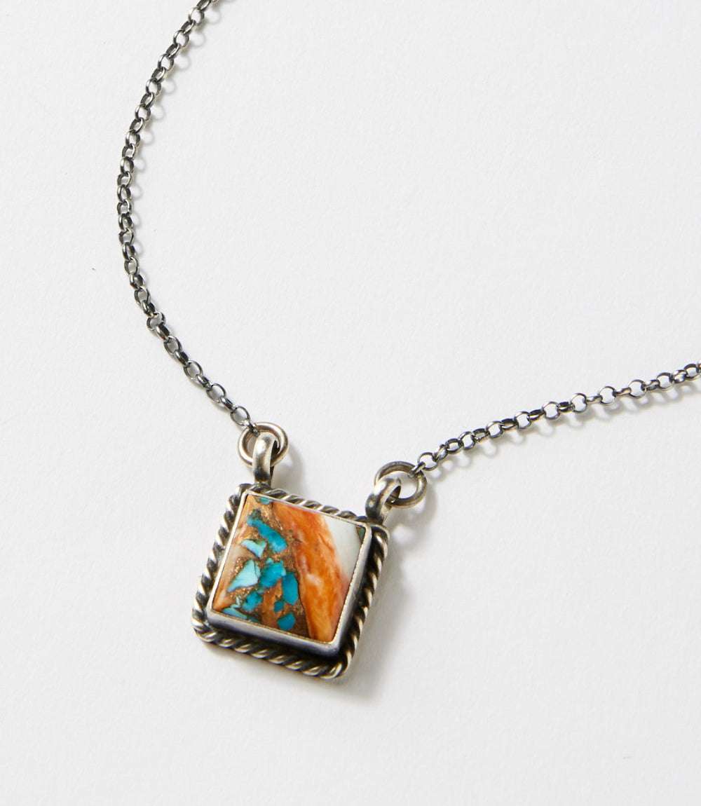 Spiny Oyster Turquoise Square Pendant Necklace