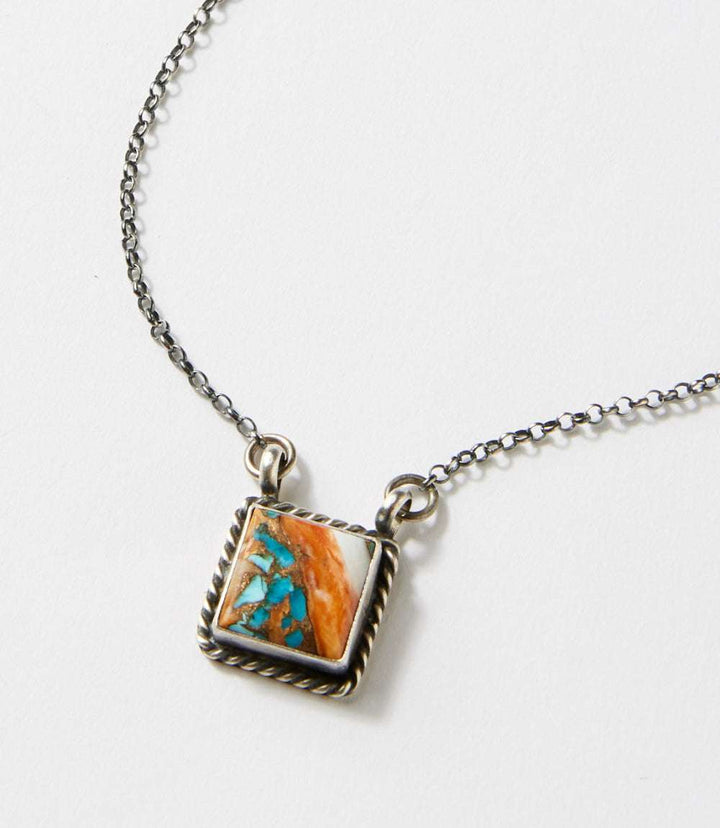 Spiny Oyster Turquoise Square Pendant Necklace
