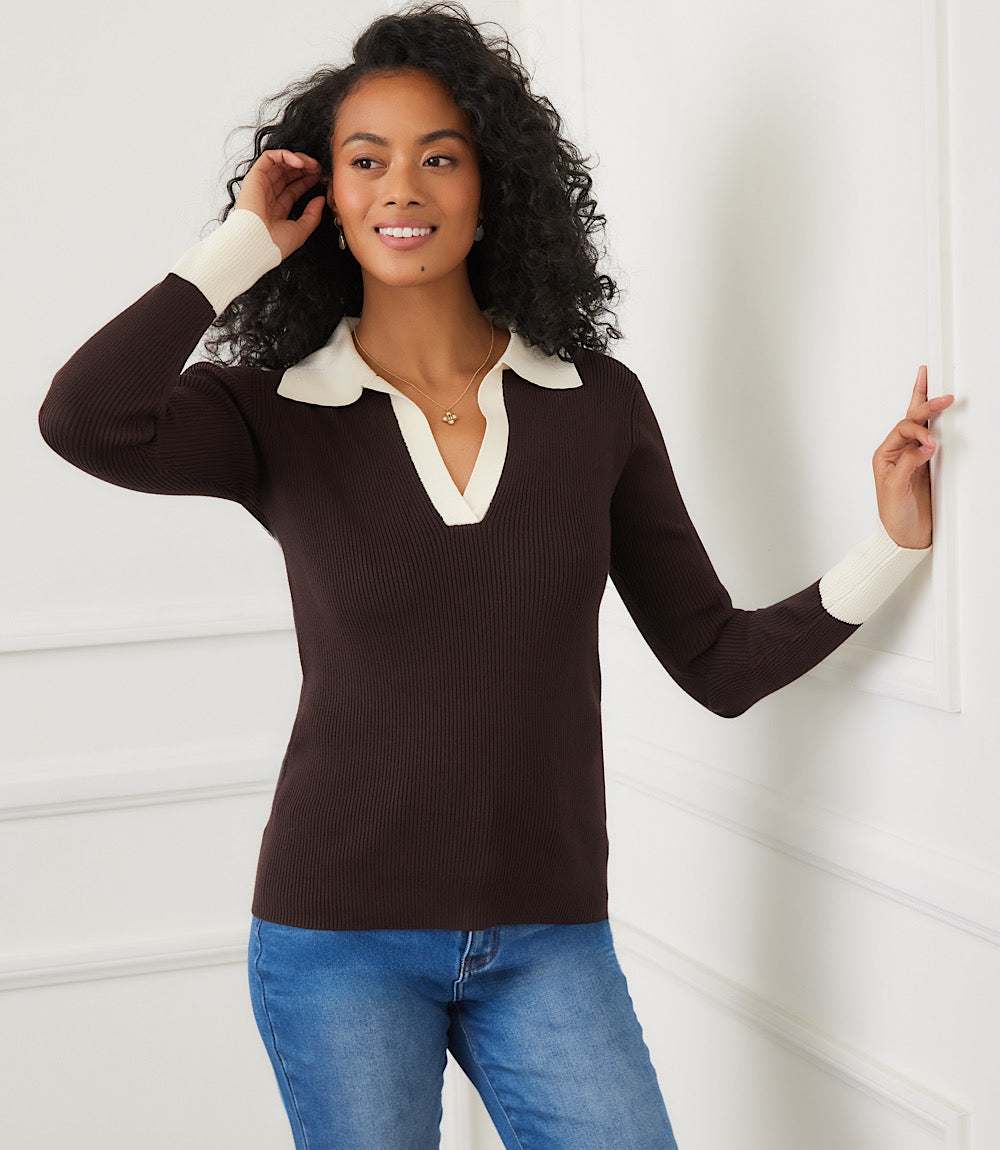 Contrast Ribbed Polo Sweater