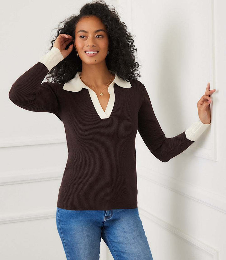 Contrast Ribbed Polo Sweater