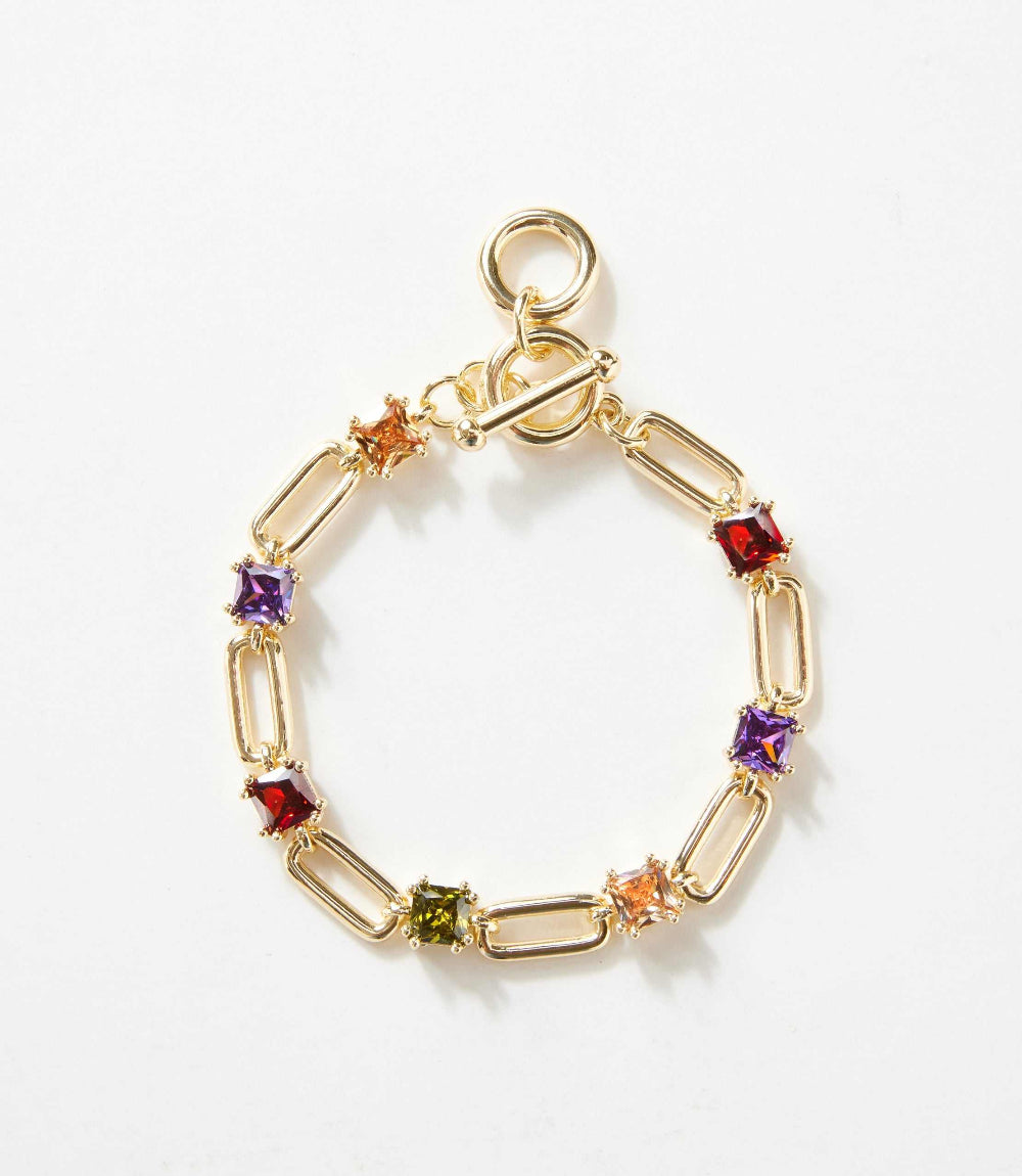 Multicolor gemstone bracelet with cubic zirconia stones and brass links, toggle closure, and adjustable loops