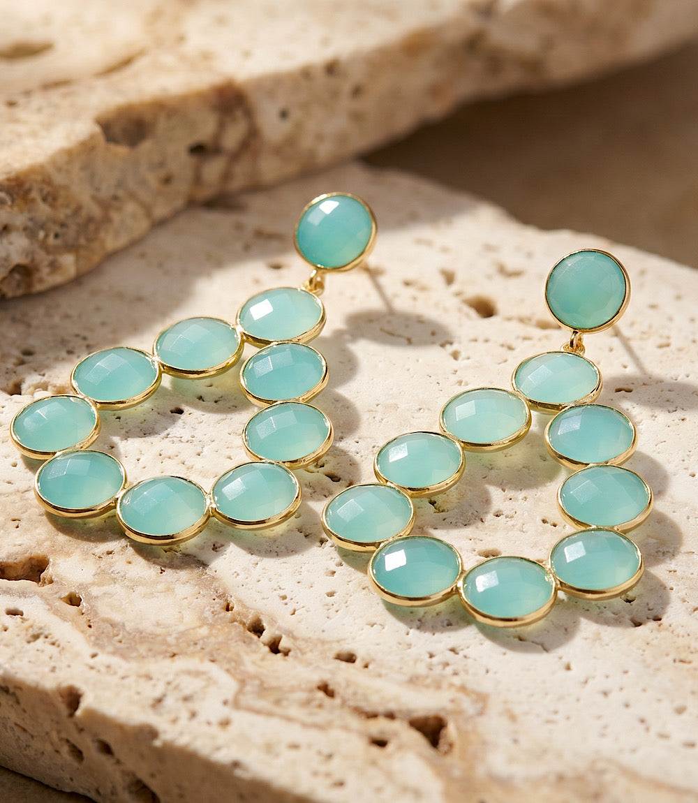 Gemstone bezel drop earrings with aqua chalcedony stones in sterling silver and 18K gold plating