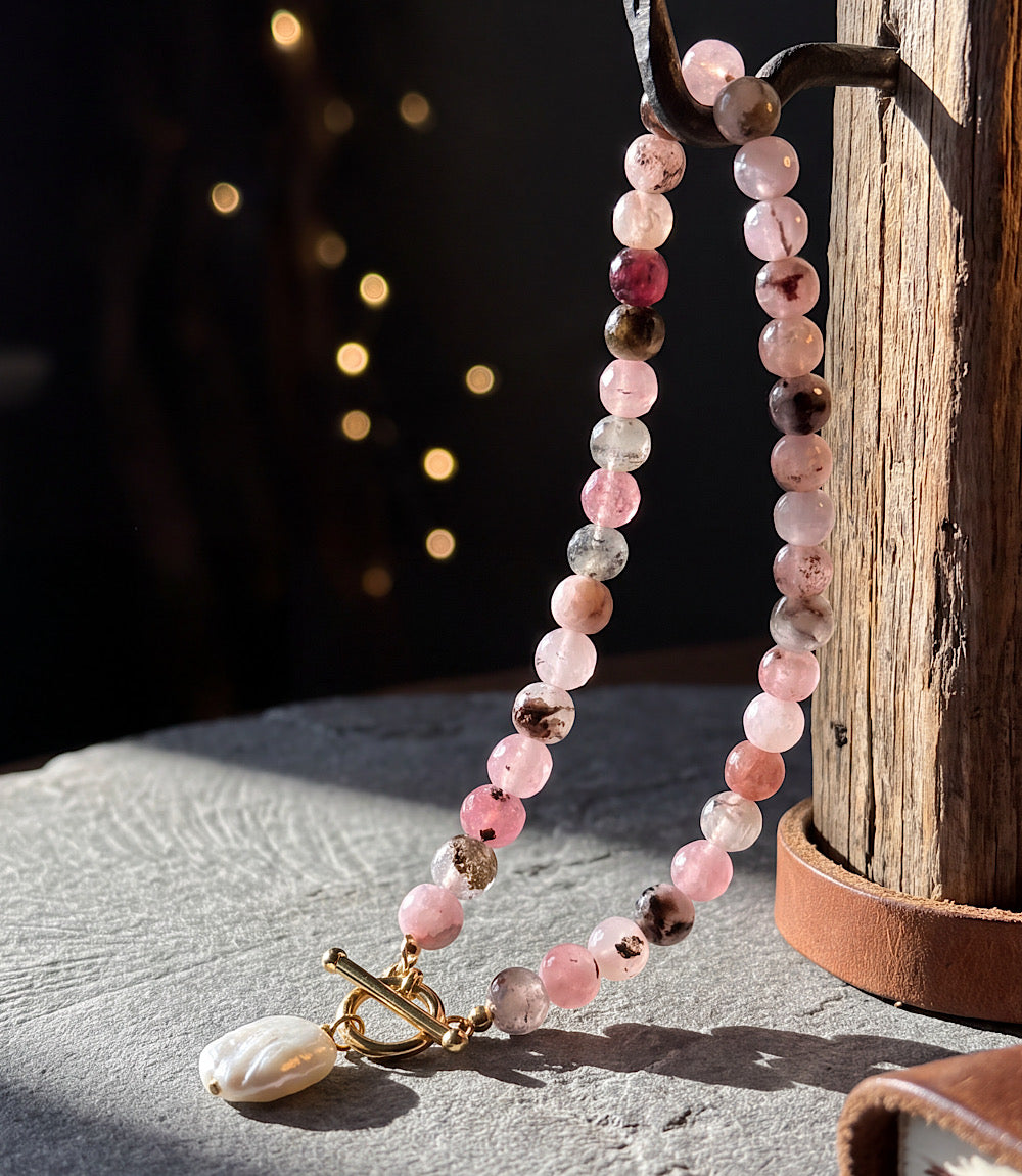 Beaded Pink Jade And Pearl Necklace