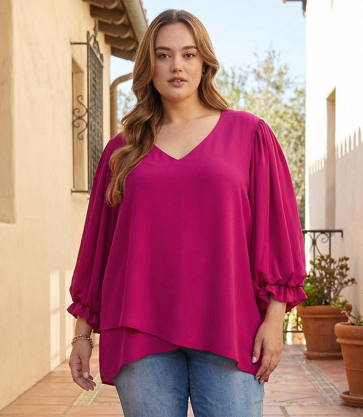 Plus Size Layered Sleeve Asymmetric Top