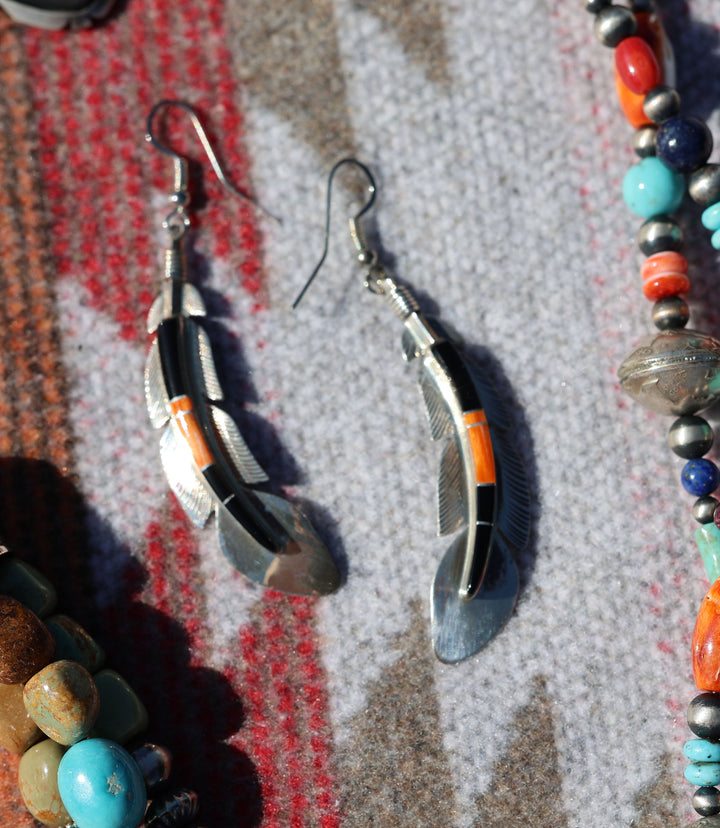 Onyx Spiny Oyster Inlay Silver Feather Earrings