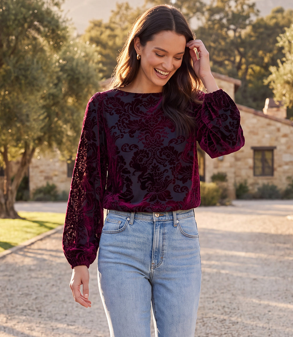 Blouson Sleeve Velvet Burnout Boatneck Top