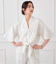 Linen blend stripe tie-front top with V-neck and flare sleeves