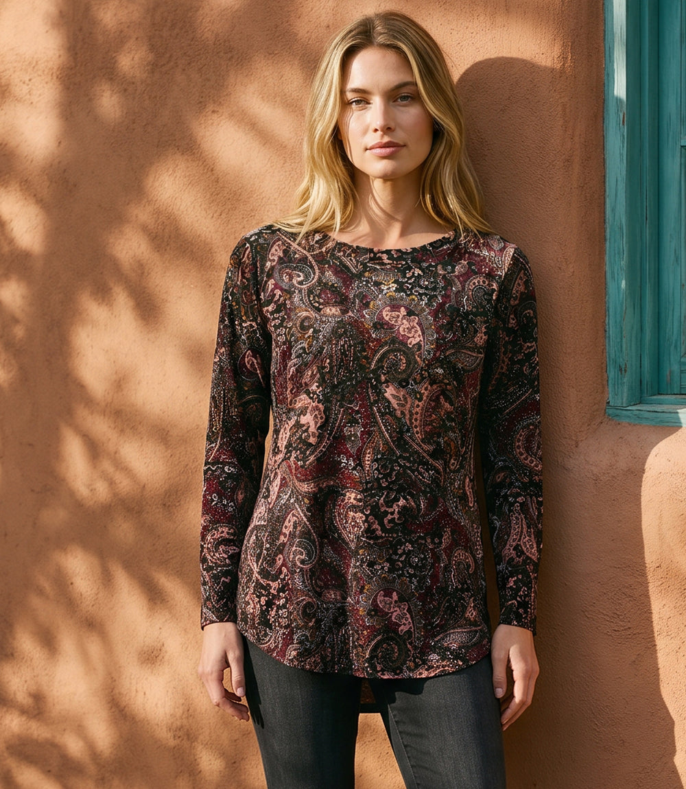 Long Sleeve Velvet Burnout Shirttail Top