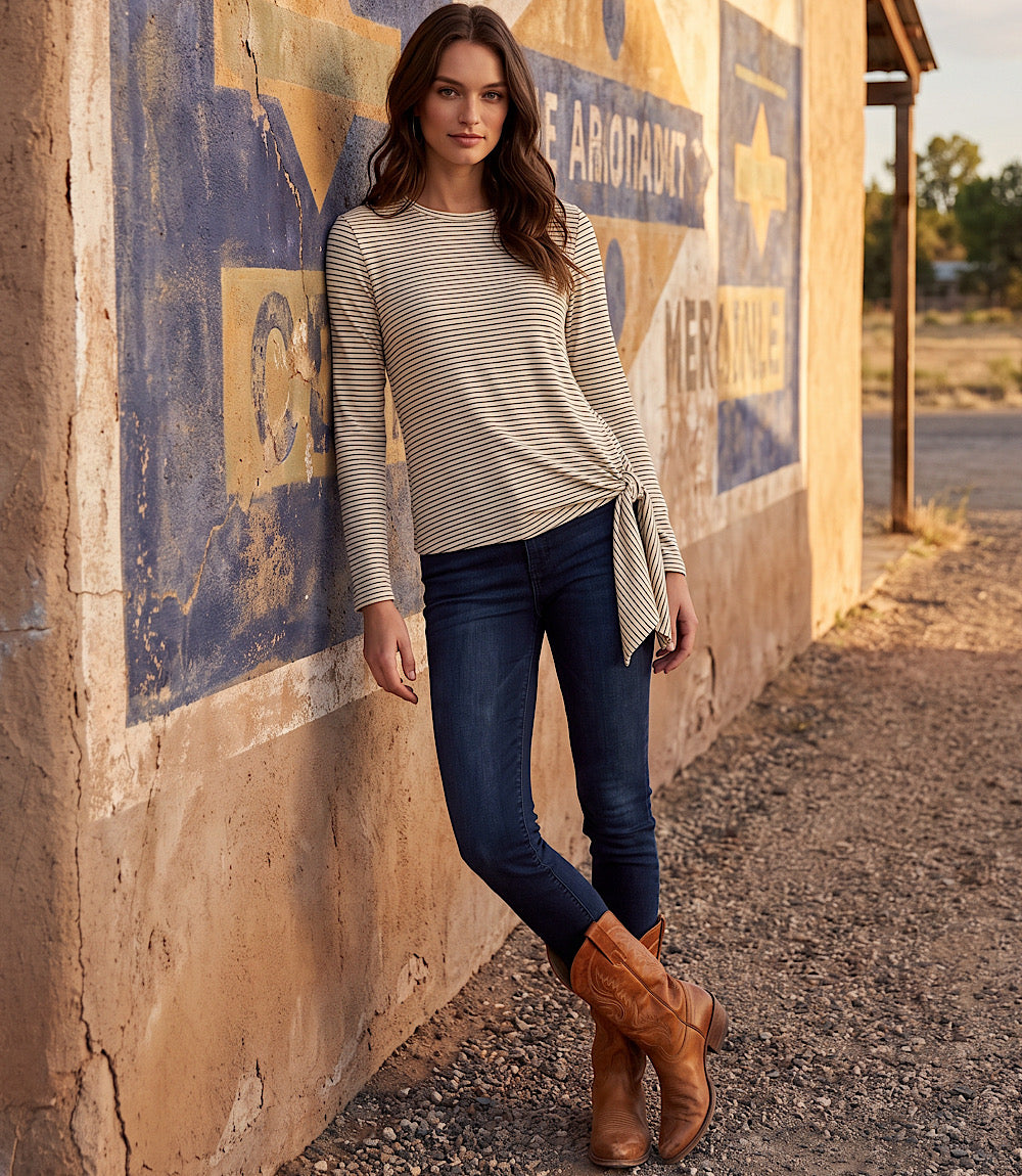 Stripe Long Sleeve Side-Tie Top