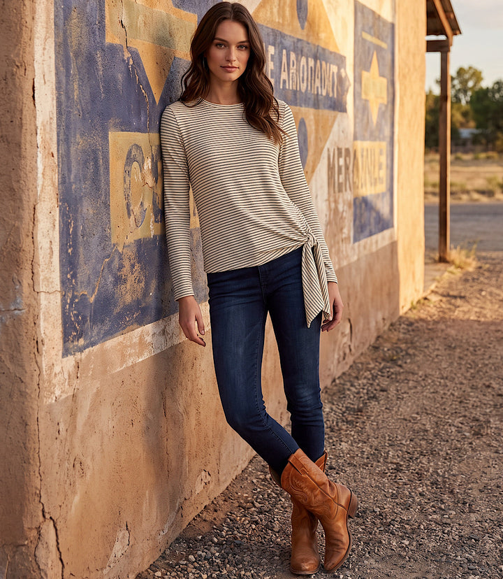 Stripe Long Sleeve Side-Tie Top