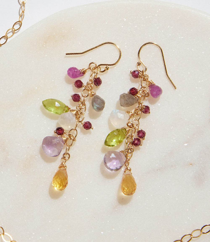 Multi gemstone cluster earrings with amethyst, citrine, peridot drops on gold-filled chains