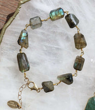 Labradorite bracelet with hand-cut iridescent stones, gold-filled chain, lobster clasp, and extender for adjustable fit