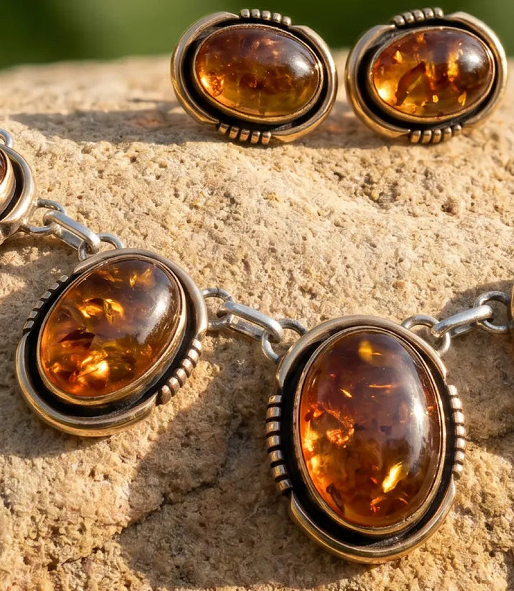 Vintage Amber Station Necklace And Earring Set