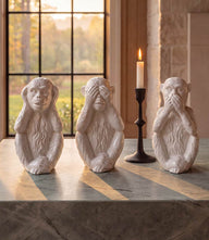 Hear No Evil See No Evil Speak No Evil ceramic monkey set in white minimalist style