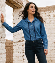 Long Sleeve Crochet Trim Button-Up Shirt