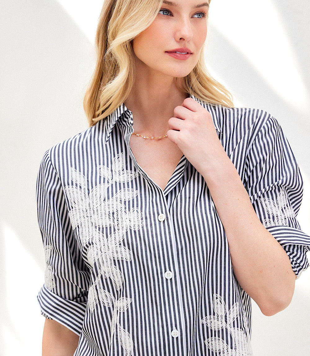 Roll-Tab Stripe Embroidered Shirtdress