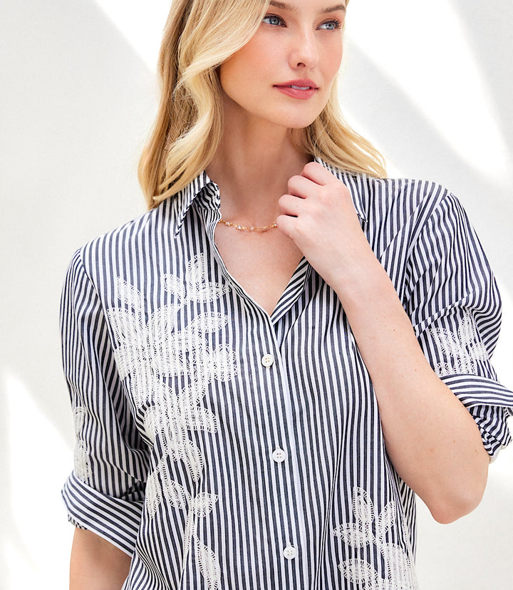 Roll-Tab Stripe Embroidered Shirtdress