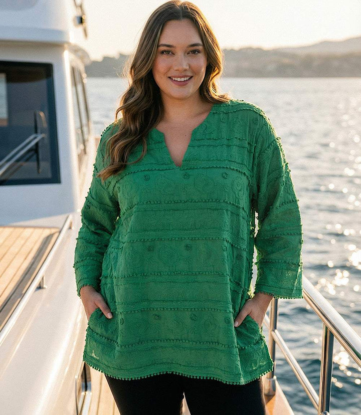 Plus Size 3/4 Sleeve Embroidered Tunic