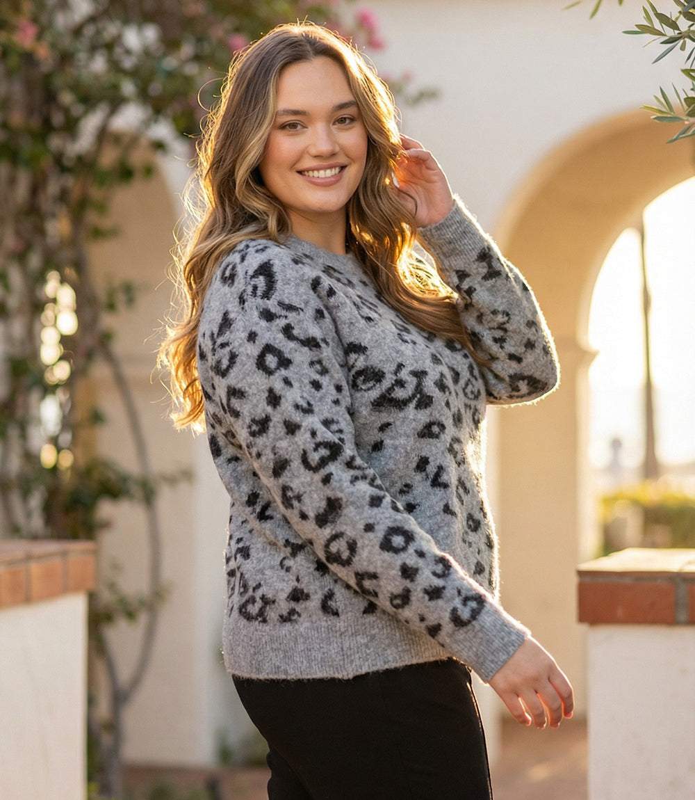 Plus Size Metallic Animal Print Crewneck Sweater
