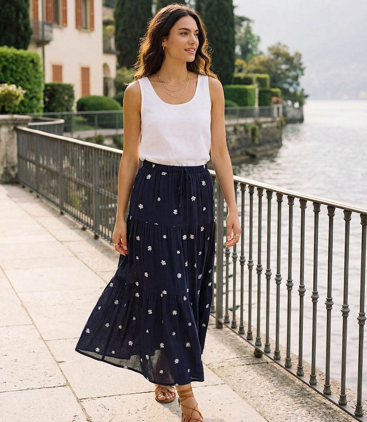 Embroidered Tiered Midi Skirt